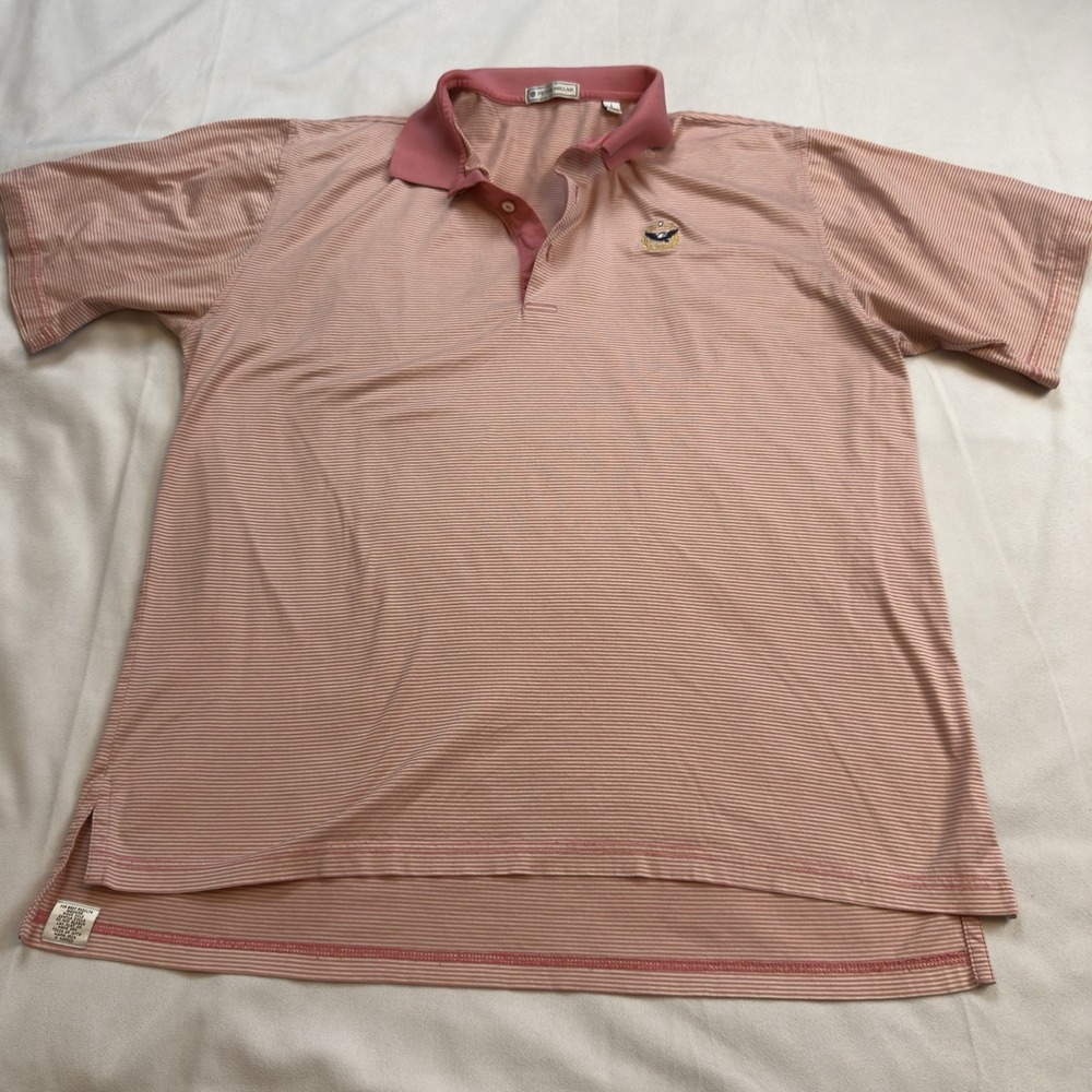 Peter Millar Men's Polo Pink White Striped With Eagle Embroidery Size Large
